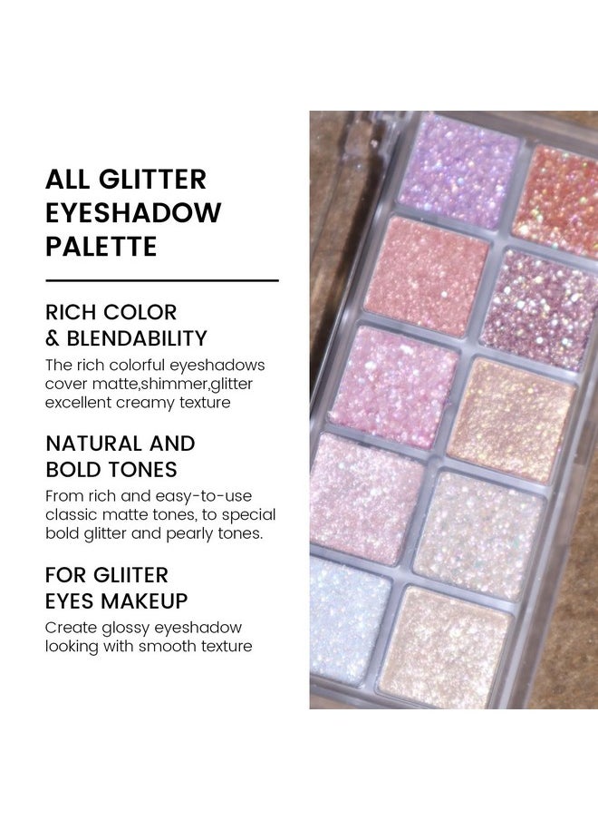 KYDA 10 Colors All Glitter Eyeshadow Palette, Sparkling Sequin Eyeshadow, Shiny Pearl Powder Eye Shadow, Multicolor Glitters Eyes Makeup, Pink Glitters Eyeshadsow Palette, Glitter Eyes Color