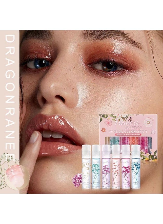 Petansy Flower Jelly Lip Oil Set 6 Packs Moisturizer Long Lasting Roll On Lip Gloss Set with Real Flowers Glossy Lip Make-up for Dry and Chapped Lips