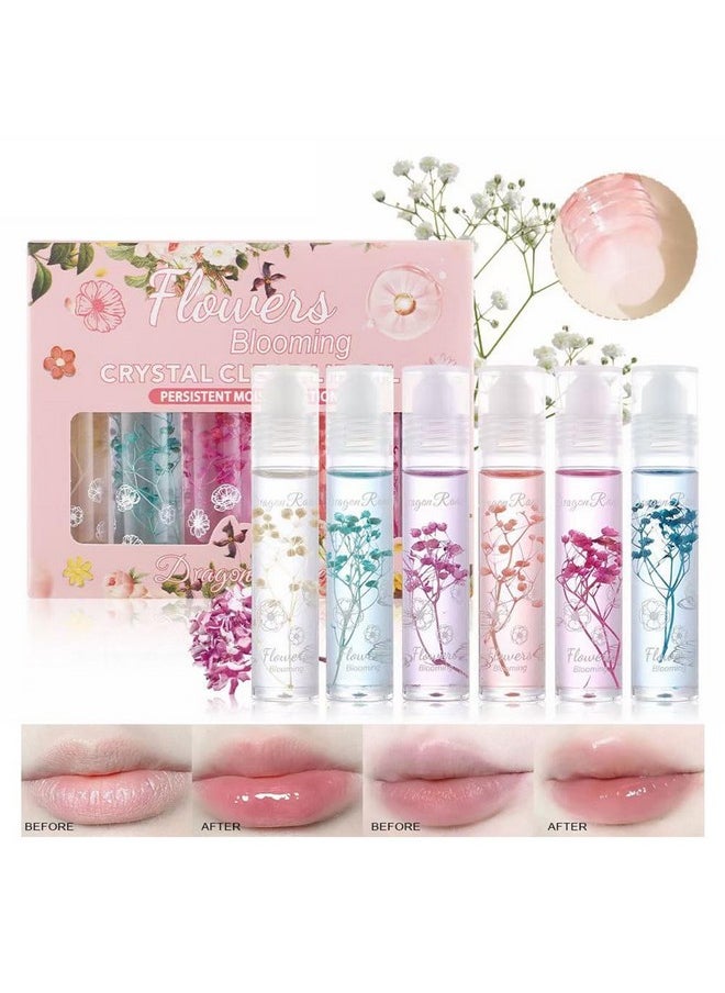 Petansy Flower Jelly Lip Oil Set 6 Packs Moisturizer Long Lasting Roll On Lip Gloss Set with Real Flowers Glossy Lip Make-up for Dry and Chapped Lips