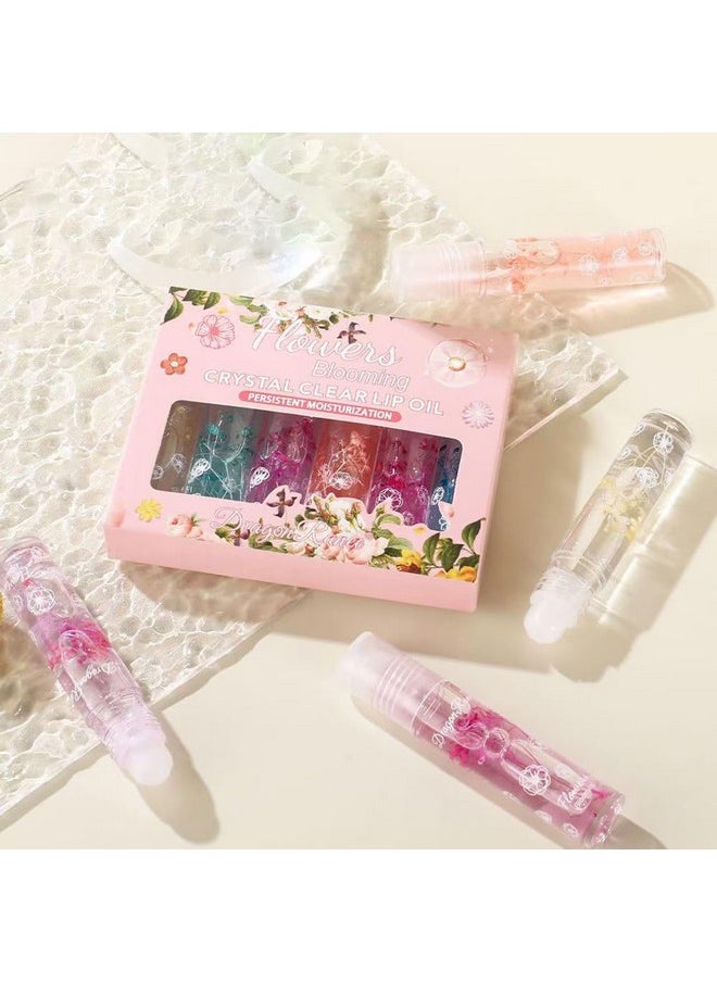 Petansy Flower Jelly Lip Oil Set 6 Packs Moisturizer Long Lasting Roll On Lip Gloss Set with Real Flowers Glossy Lip Make-up for Dry and Chapped Lips