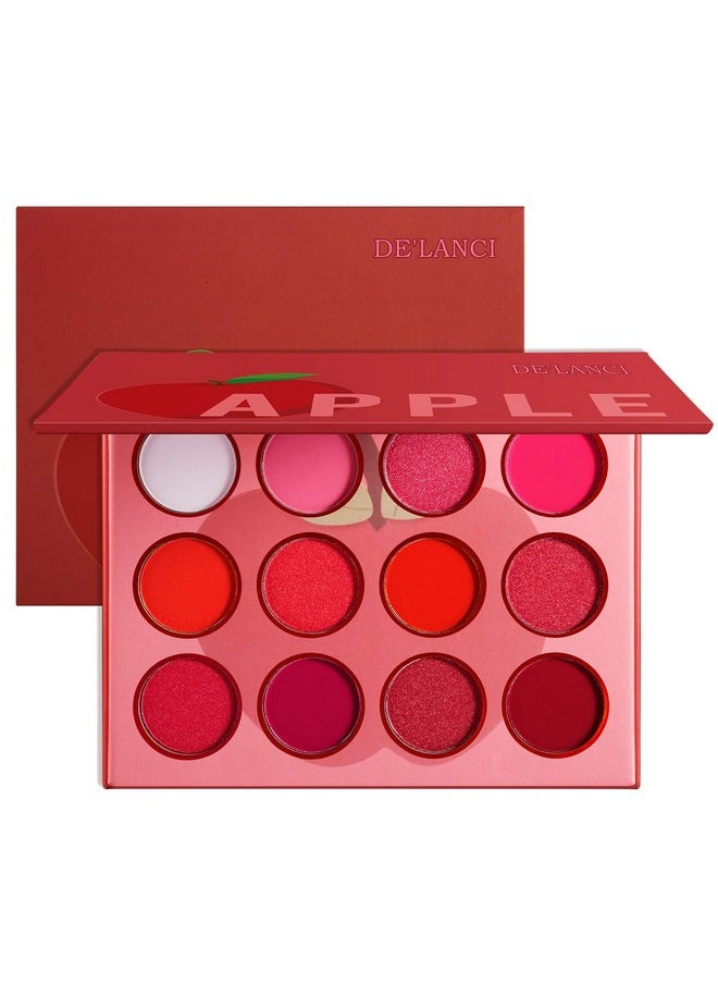 Red Pink Eyeshadow Palette, DE’LANCI Professional Matte Shimmer High Pigmented 12 Colors Eye Shadow Makeup Pallet, Waterproof Blendable Small and Cute Eye Shadow Makeup Pallete, Vegan and Cruelty Free