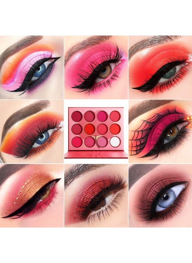 Red Pink Eyeshadow Palette, DE’LANCI Professional Matte Shimmer High Pigmented 12 Colors Eye Shadow Makeup Pallet, Waterproof Blendable Small and Cute Eye Shadow Makeup Pallete, Vegan and Cruelty Free