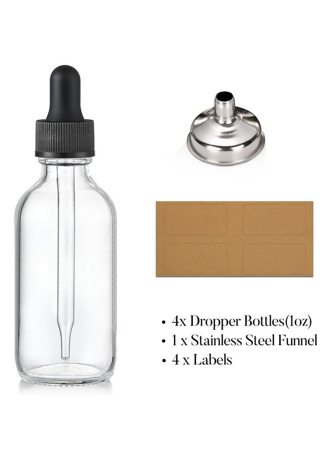 Set of 4, 1 oz Clear Eye Dropper Bottles with 1 Stainless Steel Funnels & 4 Labels - Black Caps 30ml Thick Glass Tincture Bottles - Leakproof Essential Oils Bottles for Health, Personal Care & Beauty