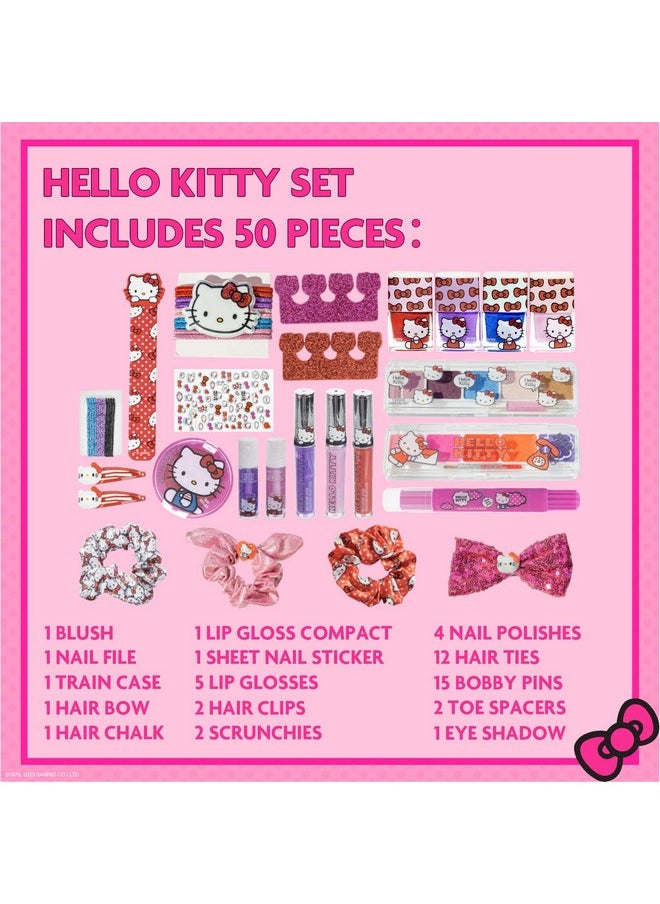 Hello Kitty - Townley Girl Train Case Cosmetic Makeup Set Includes Lip Gloss, Eye Shimmer, Nail Polish, Hair Accessories & More! For Girls, Ages 6+ Perfect for Parties & Makeovers