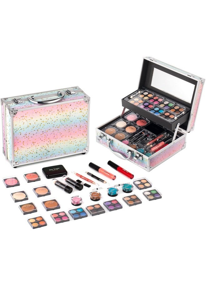 Hot Sugar Makeup Kit for Women Full Kit Teen Girls Starter Cosmetic Gift Set with Beautiful Rainbow Train Case Includes Pigmented Eyeshadow Palette Blush Lipstick Lip Pencil Eye Pencil (Rainbow)
