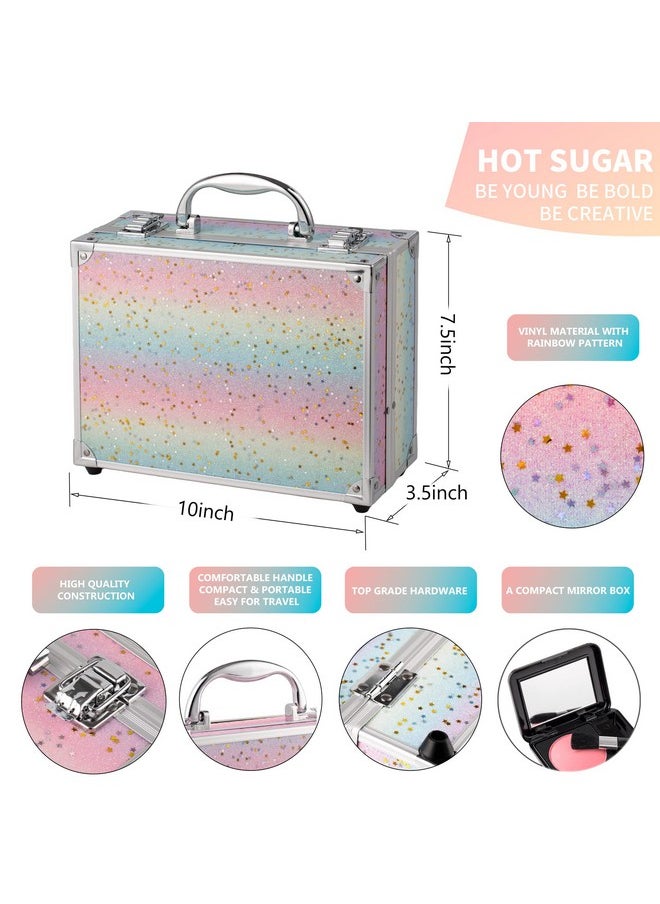 Hot Sugar Makeup Kit for Women Full Kit Teen Girls Starter Cosmetic Gift Set with Beautiful Rainbow Train Case Includes Pigmented Eyeshadow Palette Blush Lipstick Lip Pencil Eye Pencil (Rainbow)