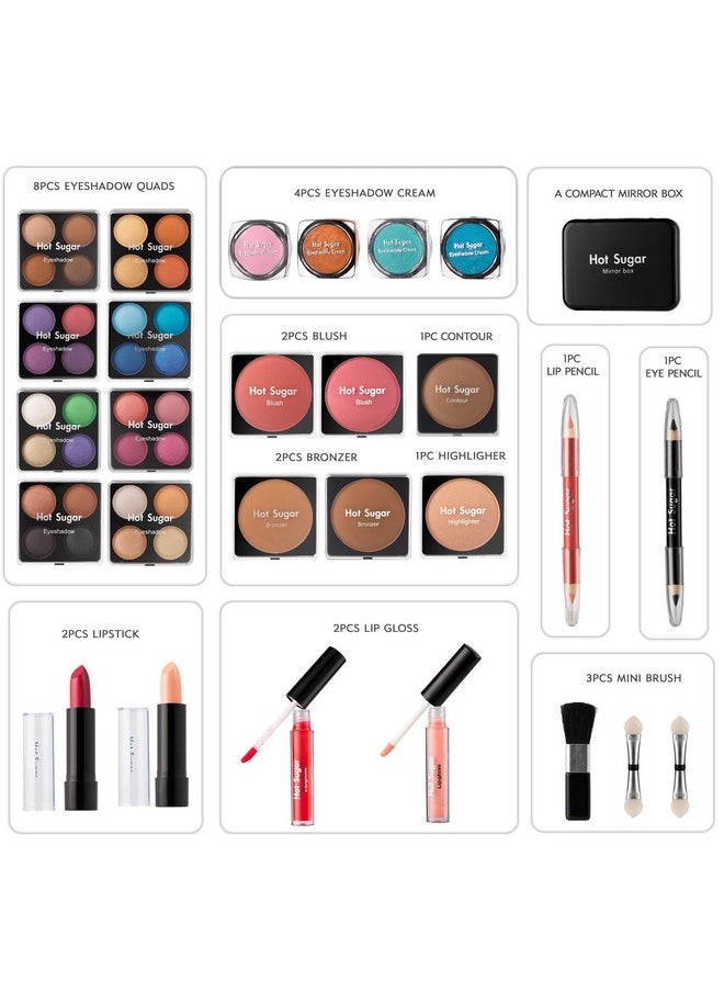 Hot Sugar Makeup Kit for Women Full Kit Teen Girls Starter Cosmetic Gift Set with Beautiful Rainbow Train Case Includes Pigmented Eyeshadow Palette Blush Lipstick Lip Pencil Eye Pencil (Rainbow)