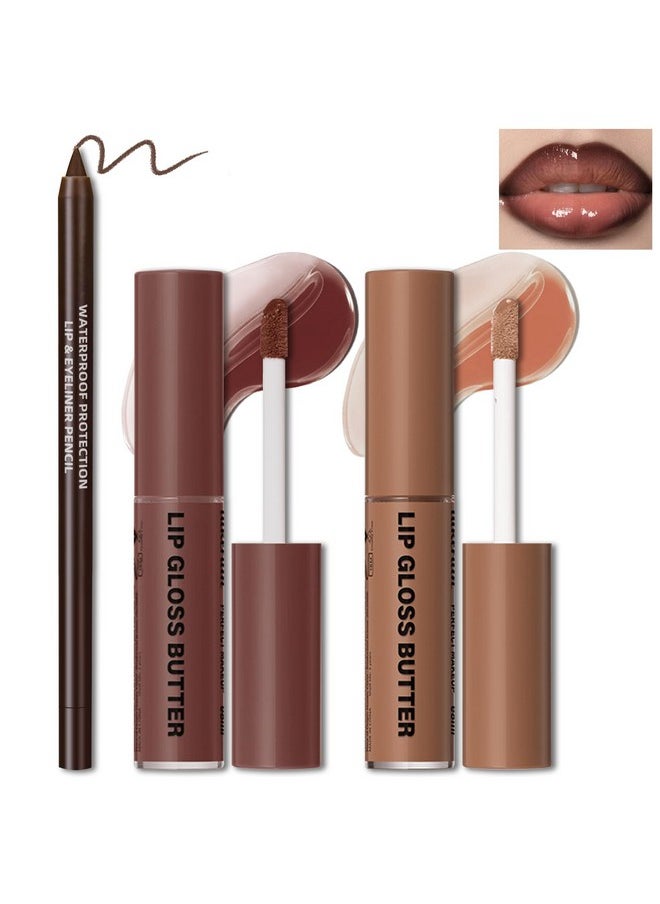 HOSAILY 2 Colors Butter Gloss Hydration Non-Sticky Plumping Lip Gloss for Women Natural Nude Tinted Lip Glow Oil Moisturizing Lightweight Long Lasting High Shine Liquid Lipstick with Lip Liner Combo