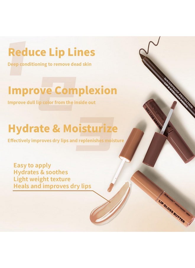 HOSAILY 2 Colors Butter Gloss Hydration Non-Sticky Plumping Lip Gloss for Women Natural Nude Tinted Lip Glow Oil Moisturizing Lightweight Long Lasting High Shine Liquid Lipstick with Lip Liner Combo