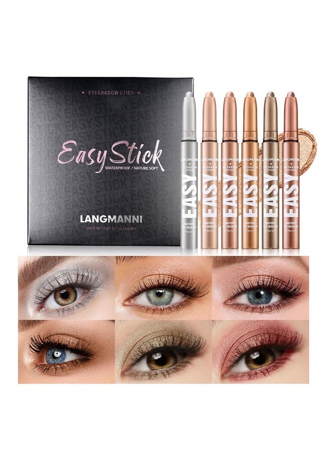 LANGMANNI Eyeshadow Stick, 6 PCS Waterproof Multi-Color Eyeshadow Pen Set, Creamy Long-Lasting Eye Makeup Kit, Natural & Shimmer Shades Contour Stick, Perfect Gifts For Women (#B)