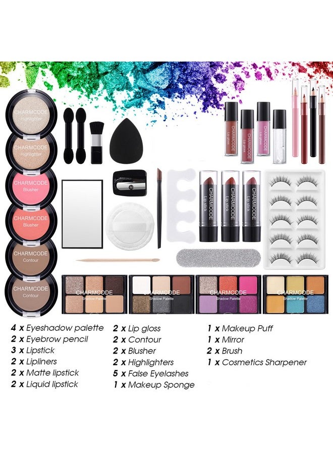 Makeup Kit for Women Full Kit - Eyeshadow Palette, Lipsticks, Lipgloss, Blushes, Contour, Highlighters, Makeup Pencil, False Eyelashes, Re-usable Train Case Gift Set for Teen Girls Starters Pros