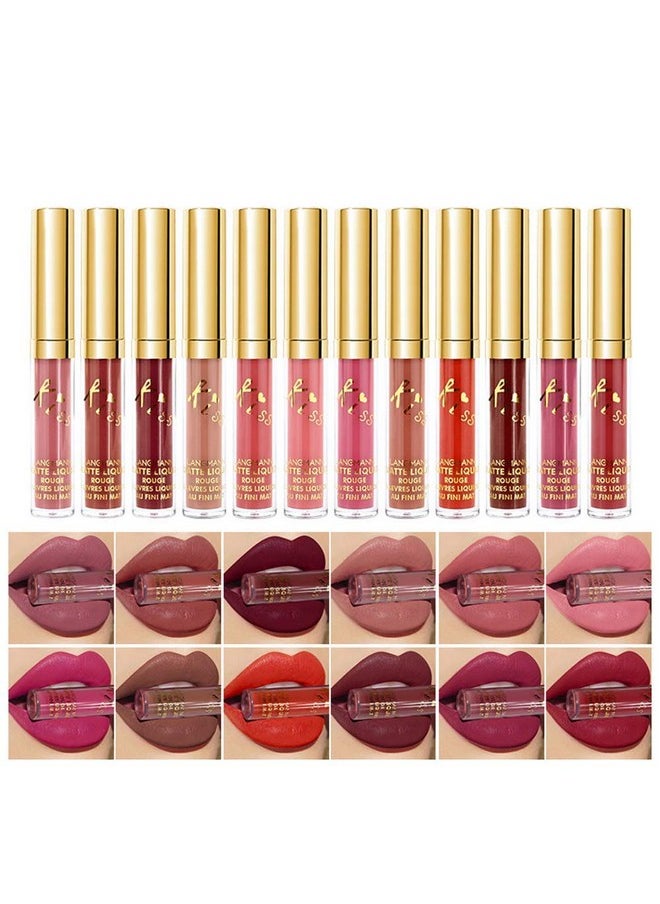 Matte Liquid Lipstick set Waterproof Long Lasting Non-Stick Cup Liquid Lipgloss Velvety Liquid Lipstick Kiss-proof Durable Nude Lip Gloss (12PCS)