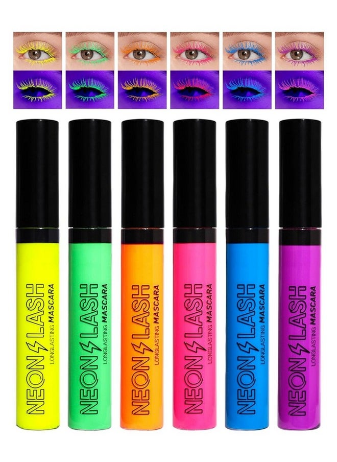 MAEPEOR Neon Mascara 6 Colors Blacklight Mascara waterproof and Smudgeproof Longlasting Fluorescent Mascara for Daily Wear and Halloween Christmas (Color 0601)