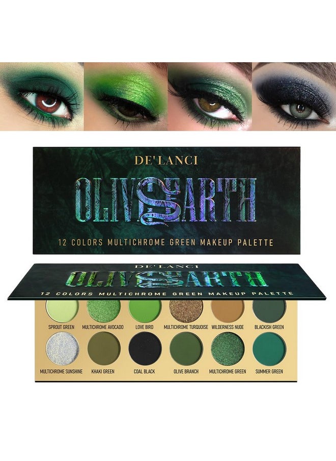 DE'LANCI Glitter Olive Green 12 Colors Makeup Pallet, Multichrome Green Eyeshadow Palette, Matte Shimmer Light Dark Emerald Green Brown Eye Shadow for Hazel Eyes, Bright Sparkly Black Silver Shades