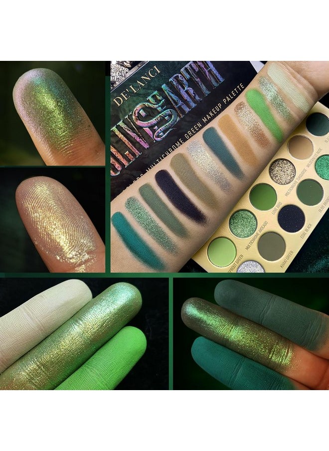 DE'LANCI Glitter Olive Green 12 Colors Makeup Pallet, Multichrome Green Eyeshadow Palette, Matte Shimmer Light Dark Emerald Green Brown Eye Shadow for Hazel Eyes, Bright Sparkly Black Silver Shades