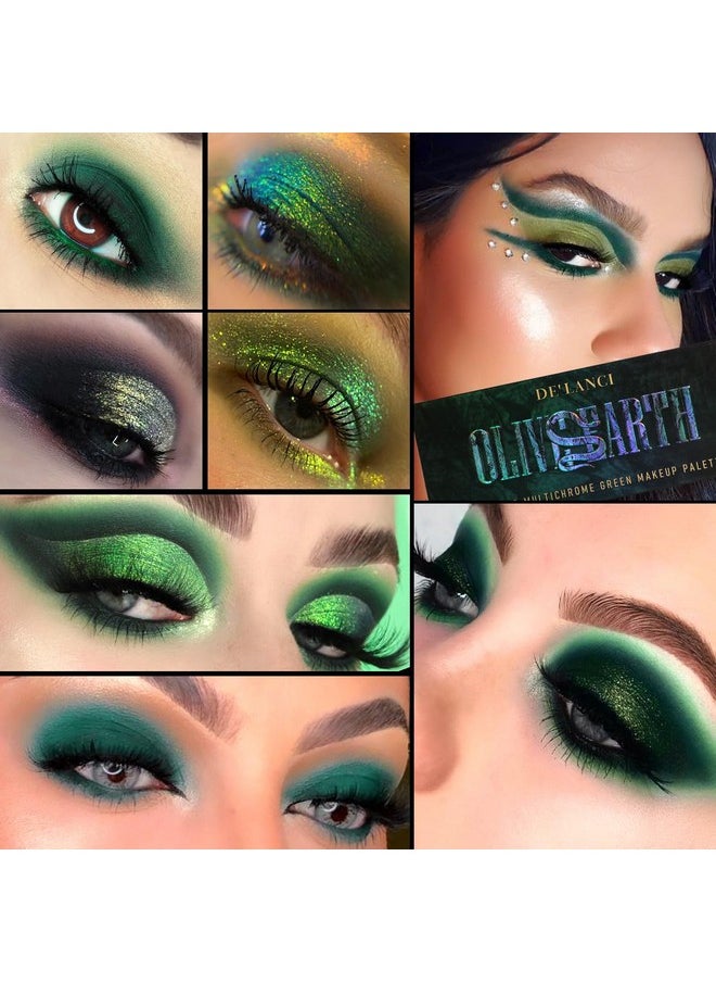 DE'LANCI Glitter Olive Green 12 Colors Makeup Pallet, Multichrome Green Eyeshadow Palette, Matte Shimmer Light Dark Emerald Green Brown Eye Shadow for Hazel Eyes, Bright Sparkly Black Silver Shades