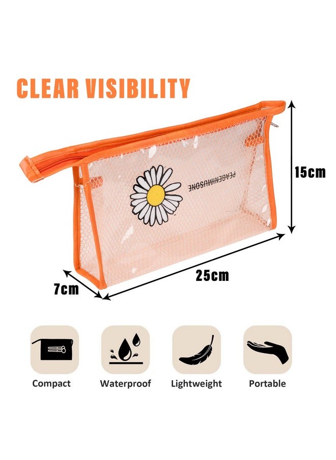 Homestic Toiletry Pouch | Cosmetic Makeup Pouch | Vanity Pouch for Woman | Makeup Accessories Pouch | Transparent Net Pouch | Sunflower-Cosmetic Pouch | Pack of 3 | Orange
