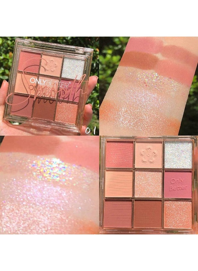 ONLYBETTER Pink Eyeshadow Palette, Pink Eyeshadow Palette High Pigmented Makeup Palette 9 Shades Metallic and Shimmers Long Lasting Sweatproof and Waterproof Bright Eyeshadow Palette