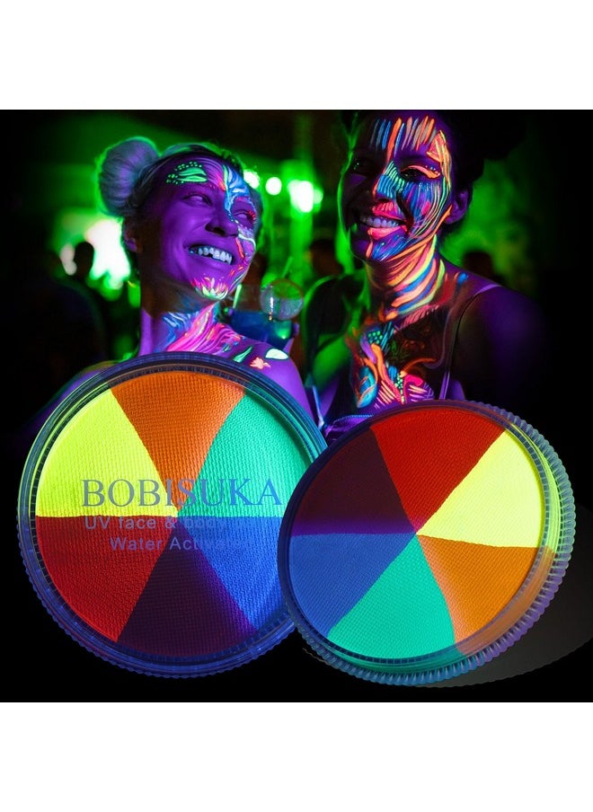6 Colors Glow UV Blacklight Face Body Paint Palette, Water Activated Neon Facepaint, Washable Painting Kit for Halloween, Glow In The Dark Party Cosplay Stage Makeup