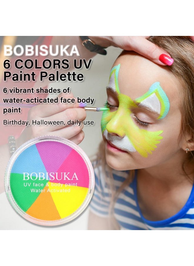 6 Colors Glow UV Blacklight Face Body Paint Palette, Water Activated Neon Facepaint, Washable Painting Kit for Halloween, Glow In The Dark Party Cosplay Stage Makeup