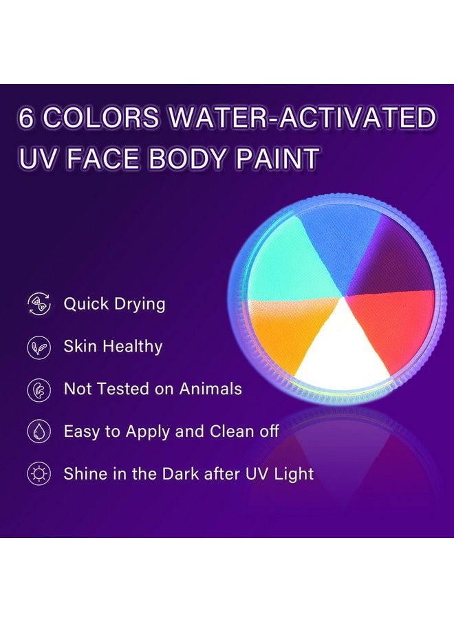 6 Colors Glow UV Blacklight Face Body Paint Palette, Water Activated Neon Facepaint, Washable Painting Kit for Halloween, Glow In The Dark Party Cosplay Stage Makeup