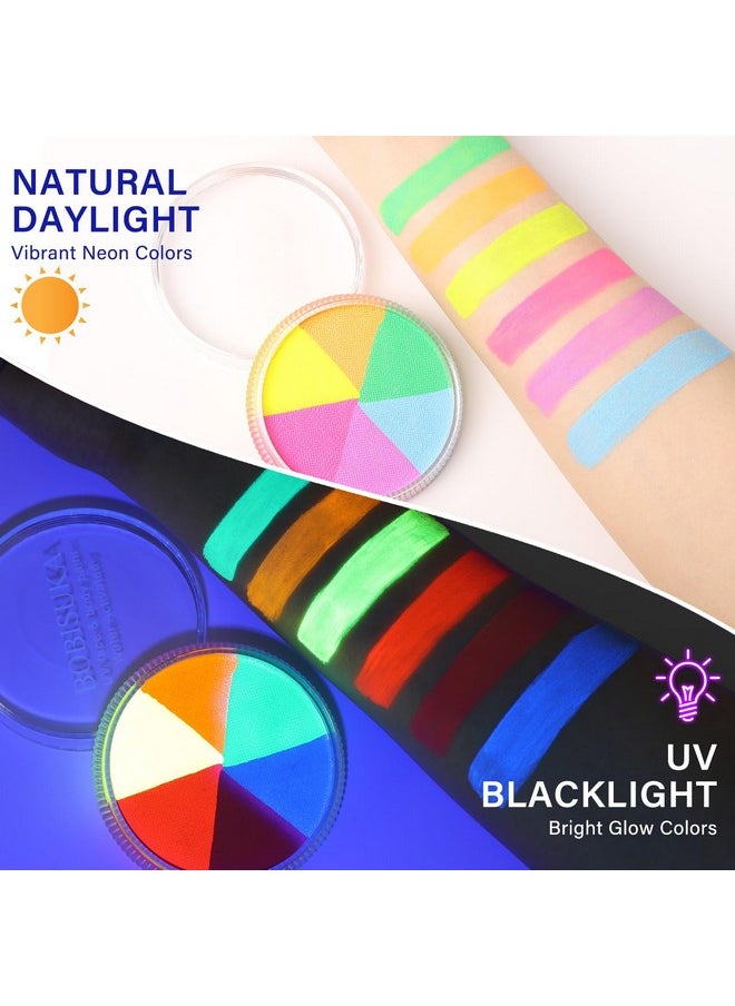 6 Colors Glow UV Blacklight Face Body Paint Palette, Water Activated Neon Facepaint, Washable Painting Kit for Halloween, Glow In The Dark Party Cosplay Stage Makeup