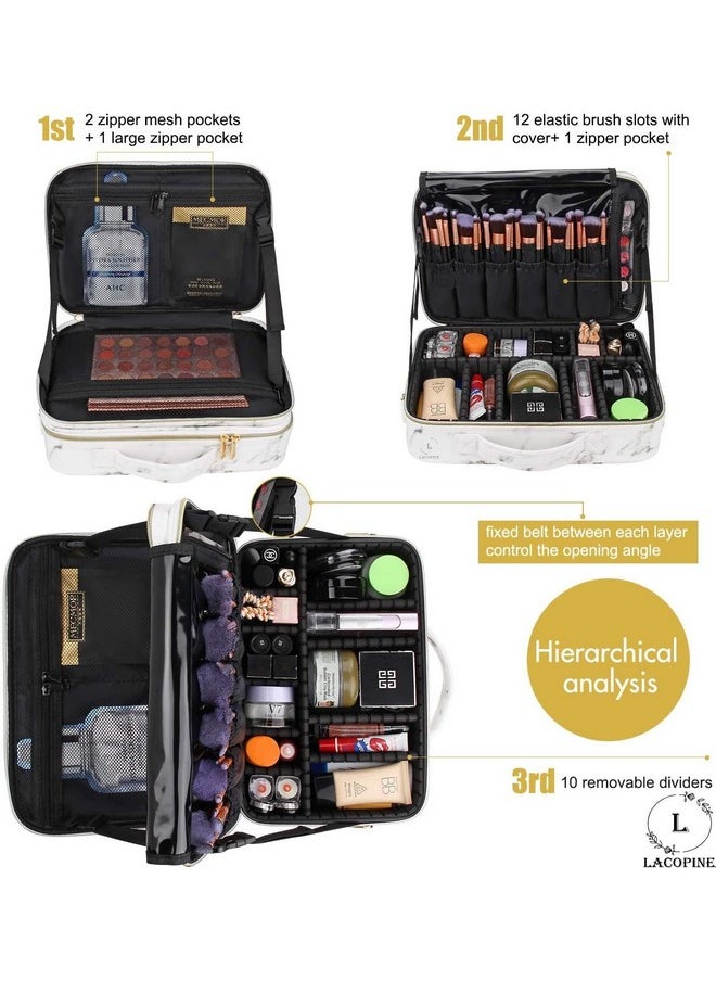 LACOPINE 28cms Makeup Organizer Cosmetic Bag with Adjustable Dividers, Elastic Makeup Brush Slots and Shoulder Strap for Women (18 INCH (2 LAYER)_Travel Makeup Bag_White)