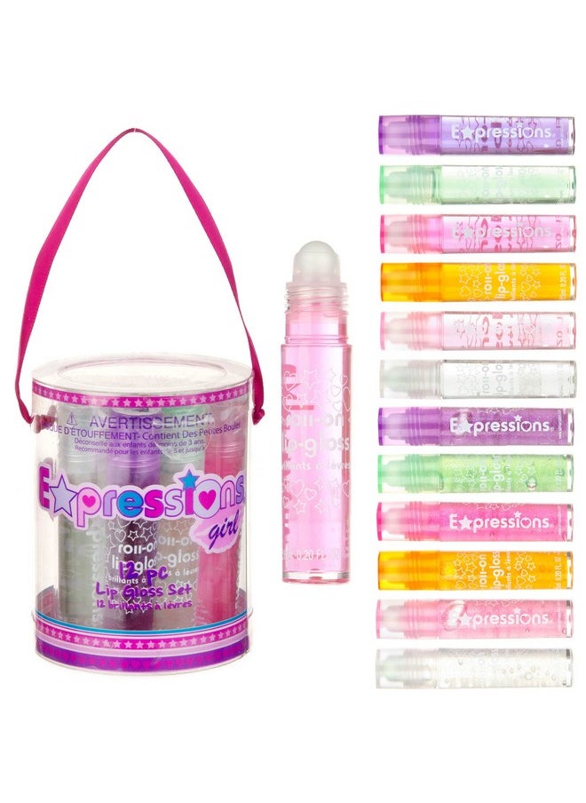 Expressions 12pc Roll On Lip Gloss Set with Carrying Case, 12-Piece Glossy Lip Makeup - Assorted Fruity Flavors, Non Toxic, Kid Friendly, Party Gift, Best Friends