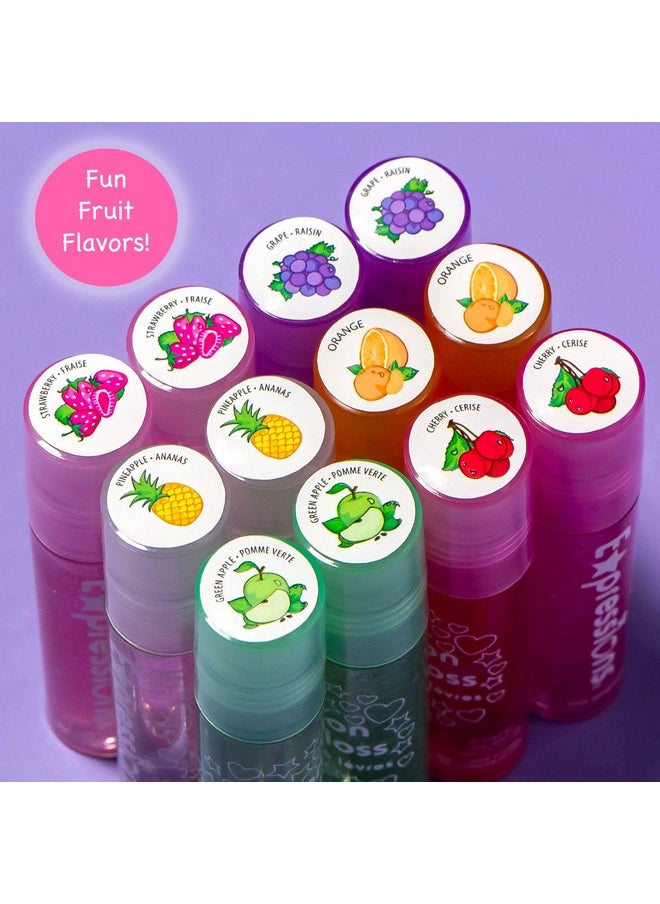 Expressions 12pc Roll On Lip Gloss Set with Carrying Case, 12-Piece Glossy Lip Makeup - Assorted Fruity Flavors, Non Toxic, Kid Friendly, Party Gift, Best Friends