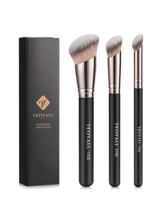 TEOYALL Foundation Contour Conceal Brush Set, 3PCS Angled Synthetic Kabuki Brush for Blending Setting Buffing with Liquid, Cream and Powder Cosmetic (170S/270S/370S)