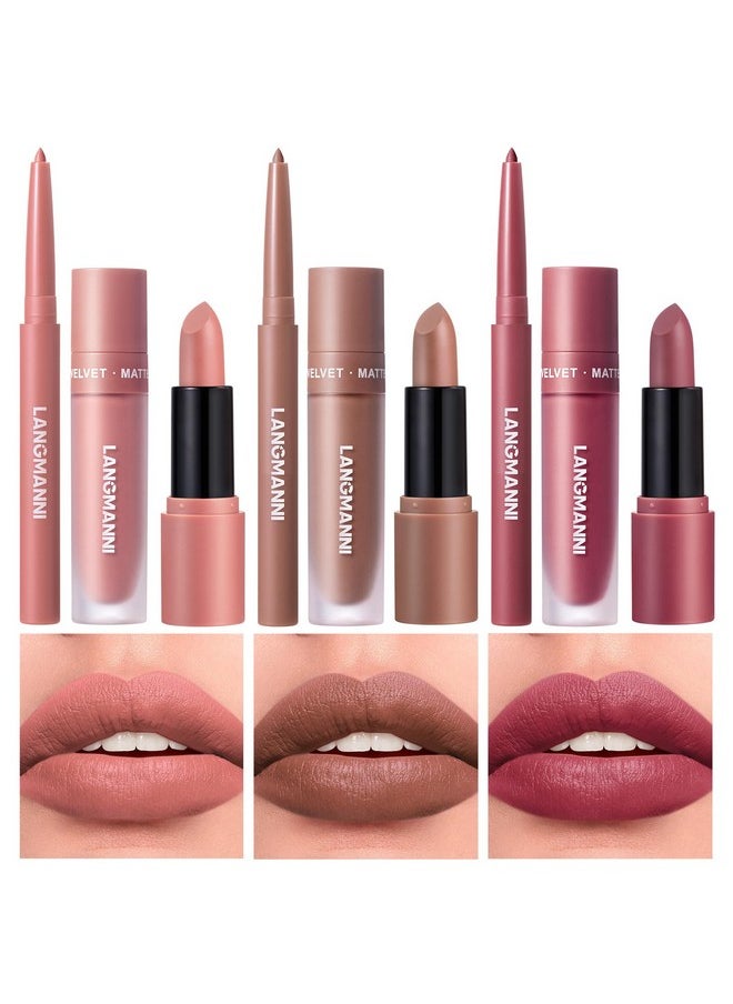 LANGMANNI 3 in 1 Matte Velvet Lipstick Set-Lip Liner,Lip Gloss and Lipstick Combo,Perfect for Natural Lip Contour,Waterproof And Longlasting Effect Lip Makeup,Unique Festival Gift (#01+03+05)