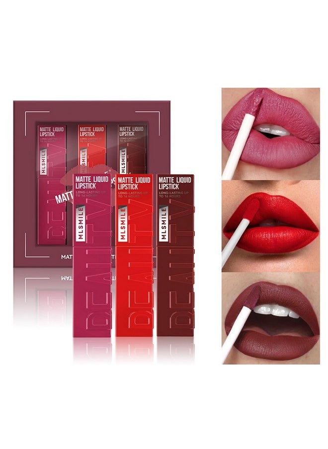 SWETIYOU Matte Liquid Lipstick Makeup Set, 3Pcs Long Lasting Smudge Proof Lip Gloss Set, High Pigmented Velvety Nude Red Lip Stain Lip Makeup Gift Sets for Girls and Women