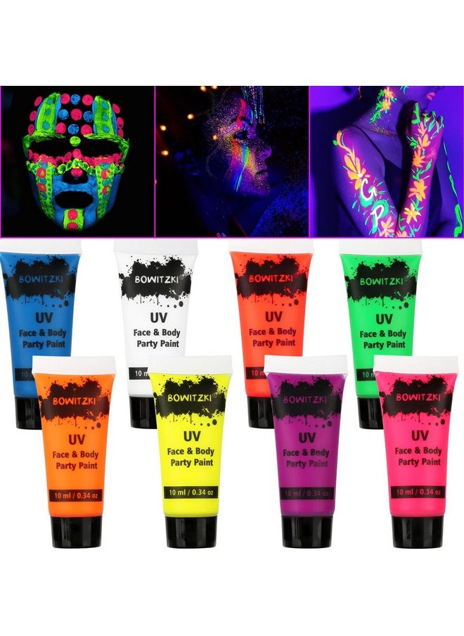 Bowitzki UV Neon Face Body Paint 8 Tubes 0.34oz Liquid Kit Black Light Glow in The Dark Makeup Set Fluorescent Painting for Adults Kids Music Festivals Party Halloween Christmas