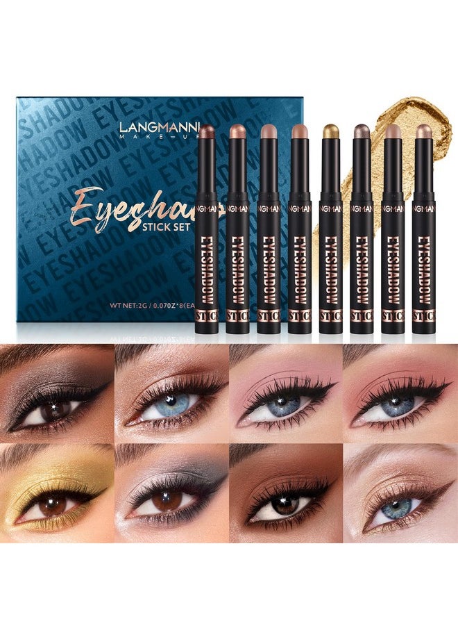 LANGMANNI Eyeshadow Stick,8 PCS Soft Smooth Cream Eyeshadow Stick Gift Set,Matte Earth Color+Bright Metal Color Contour Stick,Waterproof & Long-Lasting Eyeshadow Stick (#B)