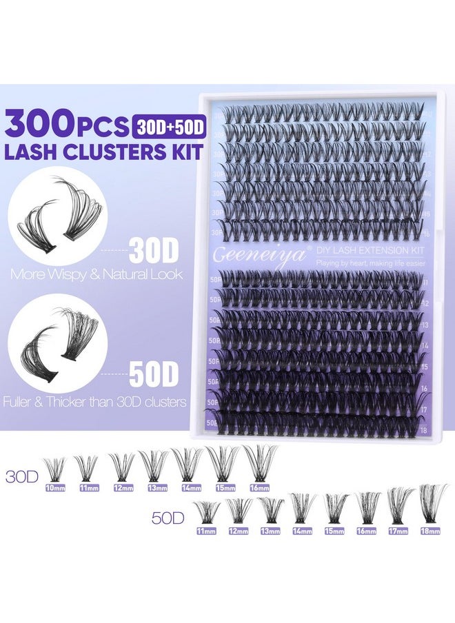 Geeneiya Natural Lash Clusters Kit 30D+50D Wispy Lash Extension Kit 10-18mm Cluster Eyelash Extensions Kit Natural Individual Lashes with Waterproof Lash Bond and Seal, Lash Tweezers (300Pcs)