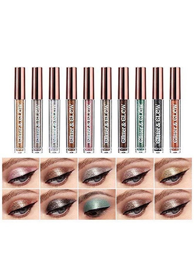 LANGMANNI 10 Pcs Liquid Glitter Eyeshadow Metallic Shimmer Glitter Eyeshadow Sweatproof Makeup Set,Glitter Pressed All Highly Pigmented Blending Powder For Woman & Girl (10pcs)