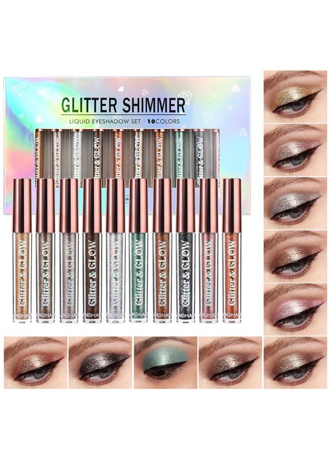 LANGMANNI 10 Pcs Liquid Glitter Eyeshadow Metallic Shimmer Glitter Eyeshadow Sweatproof Makeup Set,Glitter Pressed All Highly Pigmented Blending Powder For Woman & Girl (10pcs)