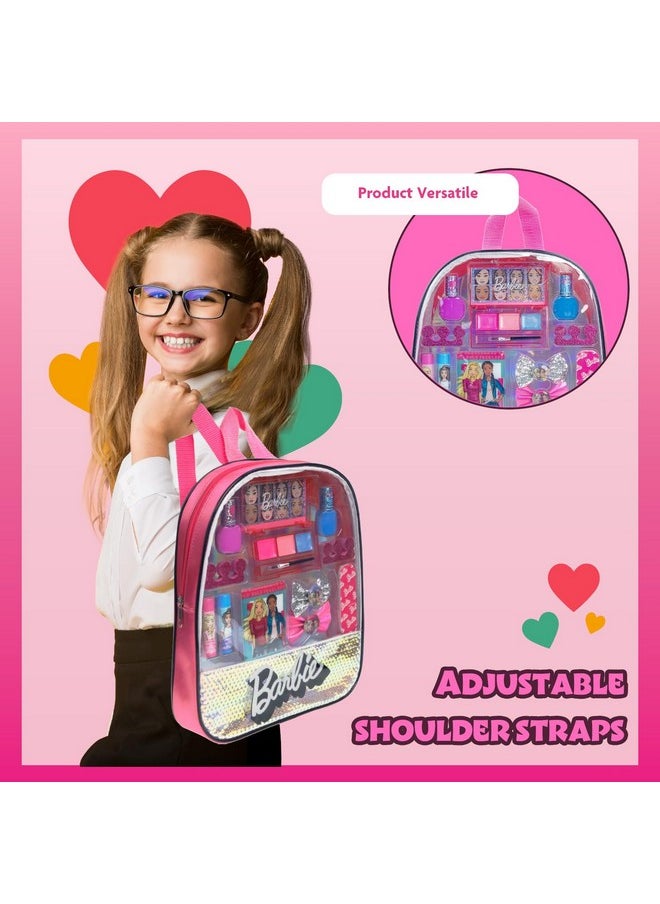 Barbie - Townley Girl 15 Pcs Makeup Filled Backpack Cosmetic Gift Set with Mirror Includes Lip Gloss, Nail Polish, Hair Bow & More! for Kids Girls, Ages 3+ Perfect for Parties, Sleepovers & Makeovers