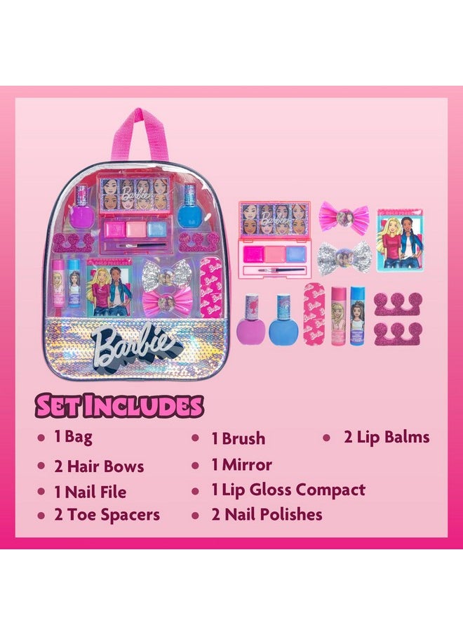 Barbie - Townley Girl 15 Pcs Makeup Filled Backpack Cosmetic Gift Set with Mirror Includes Lip Gloss, Nail Polish, Hair Bow & More! for Kids Girls, Ages 3+ Perfect for Parties, Sleepovers & Makeovers