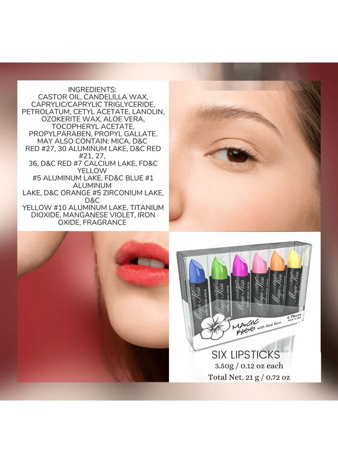 Magic Kiss Color Changing Matte 6 Piece Lipstick Set infused with Aloe Vera Made in USA (Colors of Aloha 1)