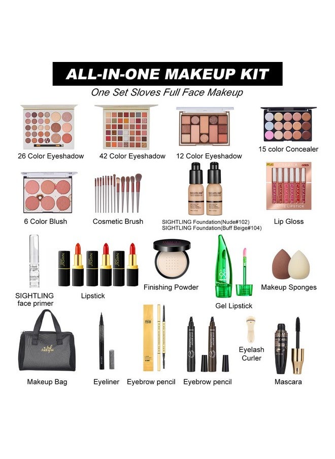 All in One Makeup Kit for Women Full Kit, Travel Makeup Kit, Makeup Gift Set for Women & Girls, Makeup Essential Bundle Include Foundation Eyeshadow Palette Lipstick Eyebrow Pencil Cosmetic Brush Set