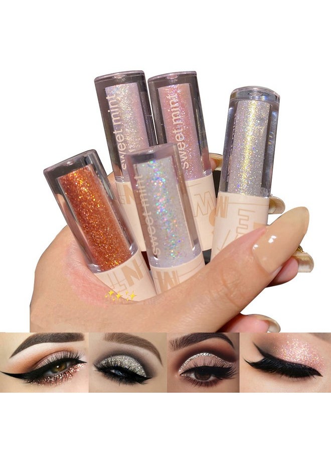 Aolailiya 5pcs Liquid Glitter Eyeshadow set- Sparkling Metallic High Pigmented Glitter Eye Shadow Korean Crystals Makeup, Quick Drying Long Lasting Creates High-Impact Multi Dimensional Eye Looks