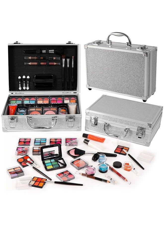 AOLIKOKO Makeup Kit for Teenager & Women Full Kit, All- In- One Makeup Set With The Cosmetic Train Case, Professional Makeup Kit, Makeup Gift Set for Women Girls(silver)