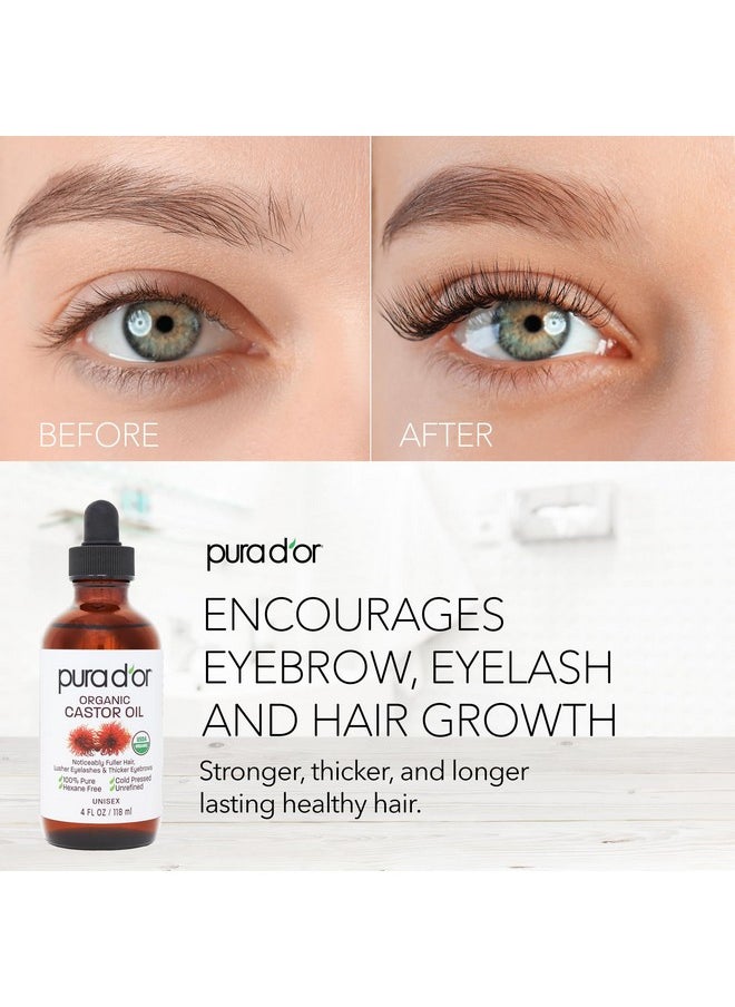 PURA D'OR 4 Oz ORGANIC Castor Oil - 100% Pure USDA Certified Cold Pressed, Hexane Free Eyelash & Eyebrow Serum - For Fuller, Thicker Lashes & Brows - Skin & Hair