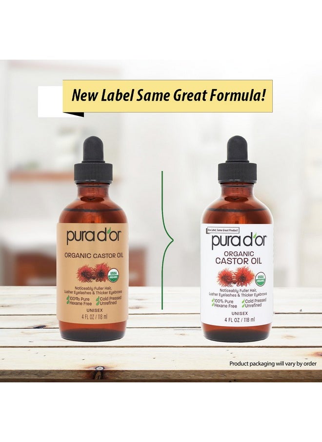 PURA D'OR 4 Oz ORGANIC Castor Oil - 100% Pure USDA Certified Cold Pressed, Hexane Free Eyelash & Eyebrow Serum - For Fuller, Thicker Lashes & Brows - Skin & Hair