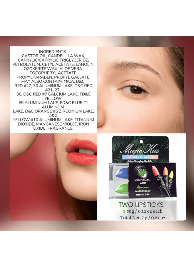 Magic Kiss Color Changing Matte Lipstick set, Long Lasting Nutritious Lips Moisturizer Magic Temperature Color Change Lip Balm with Aloe Vera PH Lipstick MADE IN USA (2 Pack - Green & Blue)