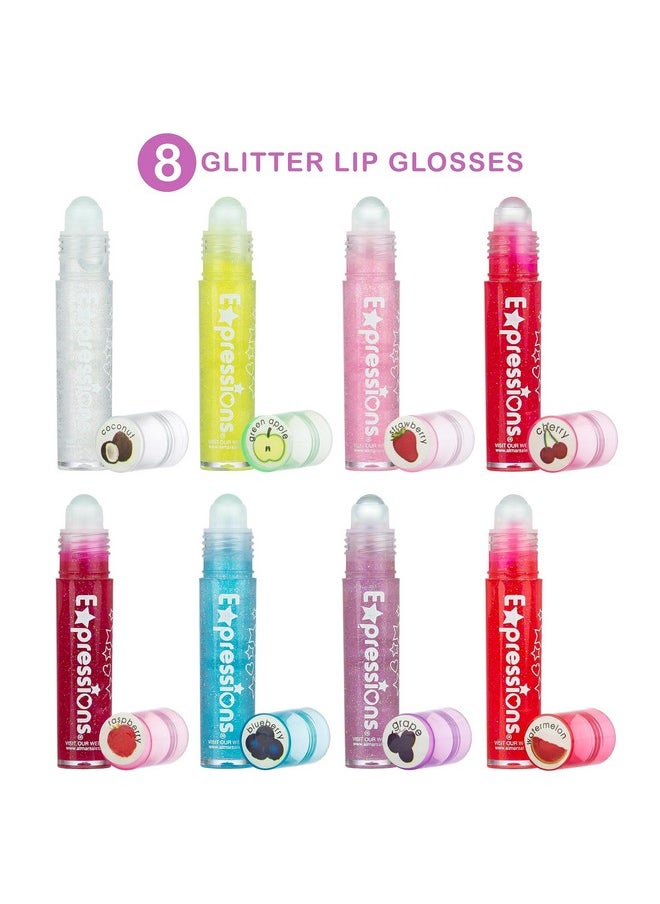 Expressions 8pc Roller-Ball Glitter Lip Gloss Set, 8 Assorted Fruit Flavored Roll On Rollerball Lip Gloss for Kids, Safe, Non Toxic Kids Makeup Set