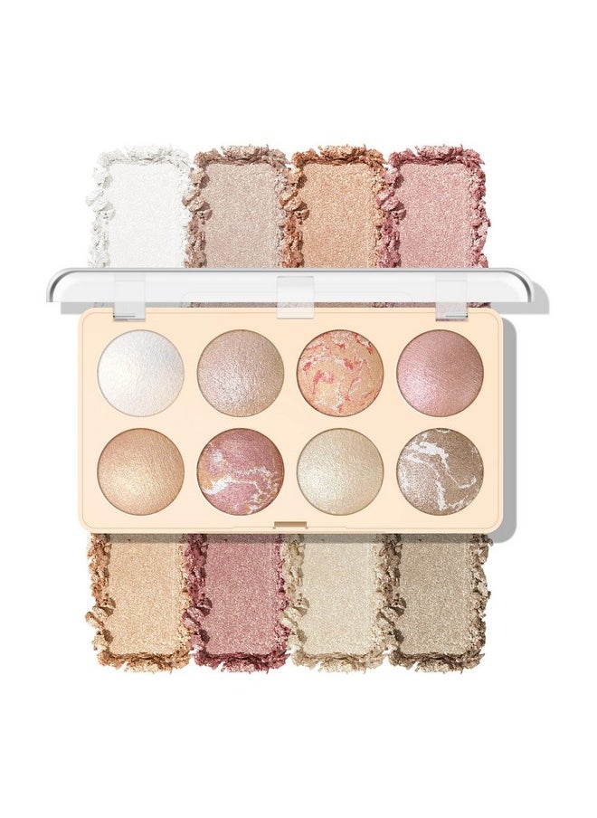 KYDA 8 Colors Baked Powder Palette, Mulitiuse Baked Powder for Eyeshadow Highlighter Contour, High Glossy Pigment, Lightweight Soft Powder, Buildable Blendable Natural Look, Golden Luster