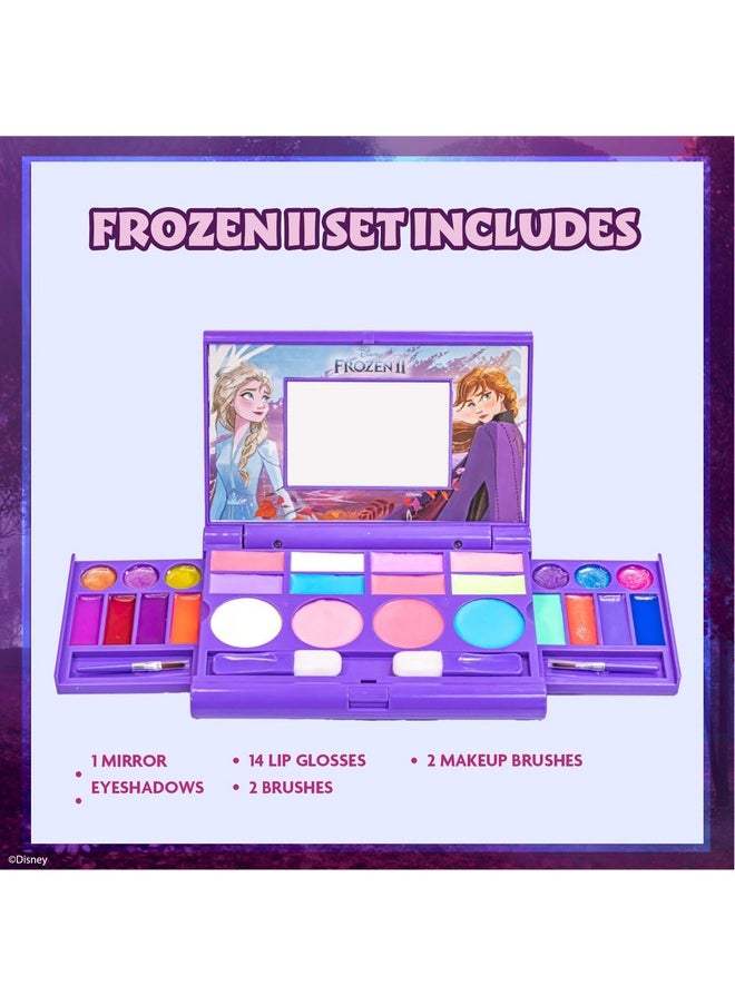 Disney Frozen Elsa Anna Cosmetic Compact Set with Mirror 14 lip glosses, 8 Eye Shadow, 4 Blushes, 4 Brushes Colorful Portable Washable Makeup Beauty Kit Box Set for Girls Kids Toddler