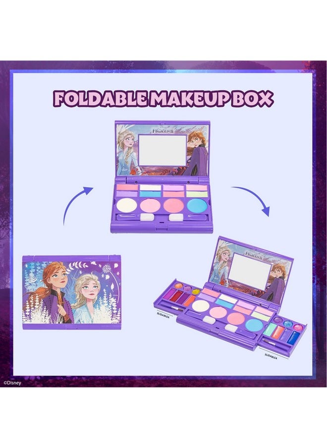 Disney Frozen Elsa Anna Cosmetic Compact Set with Mirror 14 lip glosses, 8 Eye Shadow, 4 Blushes, 4 Brushes Colorful Portable Washable Makeup Beauty Kit Box Set for Girls Kids Toddler